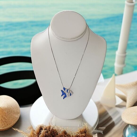 Tropical Fish Angelfish Pendant Necklace Pave Crystal Blue Clear Silver Tone - Picture 14 of 16